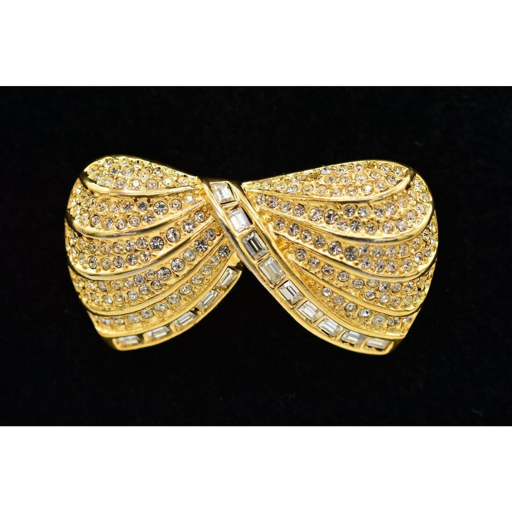 Christian Dior Vintage Crystal Bow Pin Brooch Baguette Rhinestone Signed BinB
